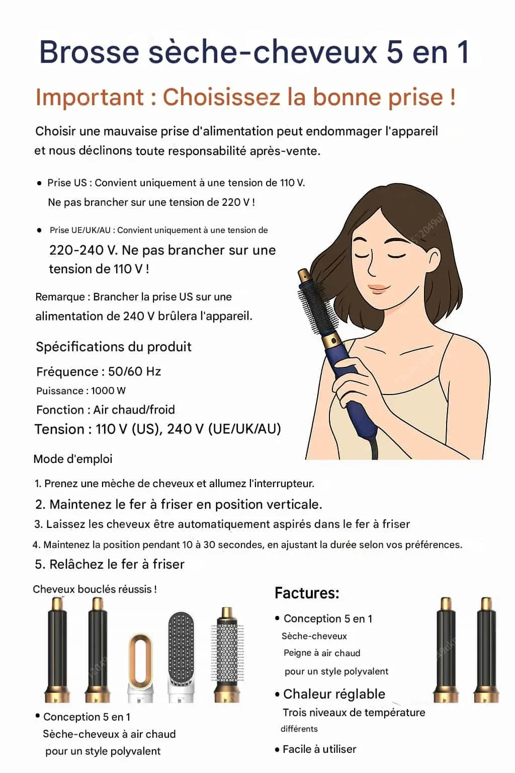 5 in 1 Hair Dryer Brush and Styler Kit Professional Hot Air Comb Curling Iron Hair Straightener for Volumizing and Styling